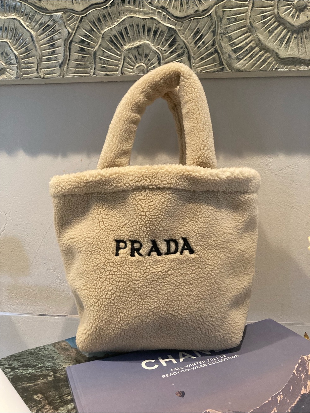 Prada Cream Shearling Tote with Black Logo